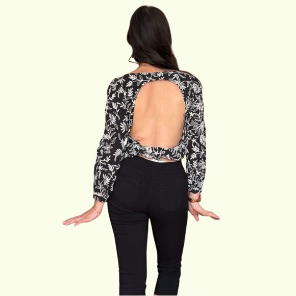 Zara Black Embroidered Peplum Blouse | Long Sleeve Floral Cutout Top XS - Picture 3 of 3